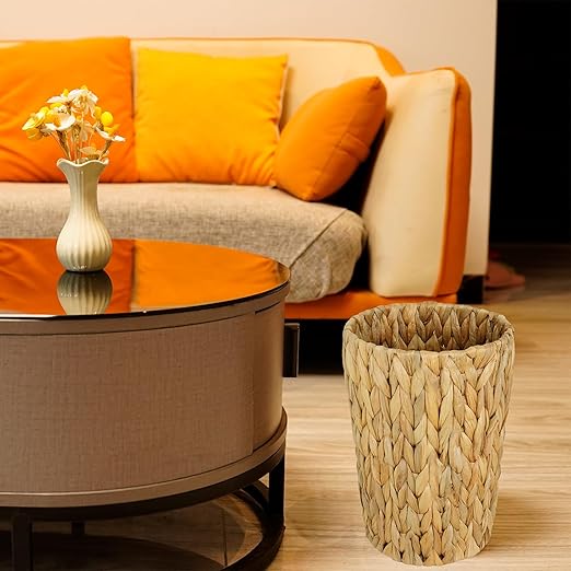 Small Wicker Trash Can Small Bathroom Trash Can Boho Waste Basket for Bedroom Home Office Water Hyacinth Wicker Waste Basket for Bathroom Compact Spaces (Round 2 Gallon)