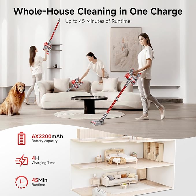 Cordless Vacuum Cleaner 35Kpa Vacuum Cleaner for Home 45Mins Stick Vacuum with LED Display Anti-Tangle &amp Wall Mount Charging 6 in 1 Lightweight Vacuum for Hard Floors Carpet Pet Hair (red)