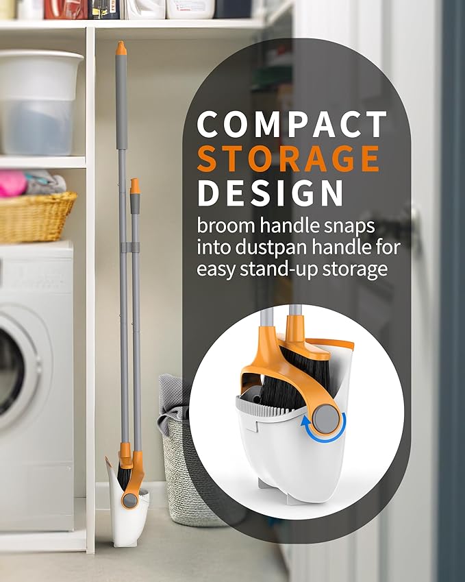 MR.SIGA Broom and Dustpan Set with Long Handle Stand Upright Broom with Dustpan Combo for Cleaning Office Garage Lobby Lightweight Sweeping Set 51.7(131 cm) Long Handle White &amp Orange