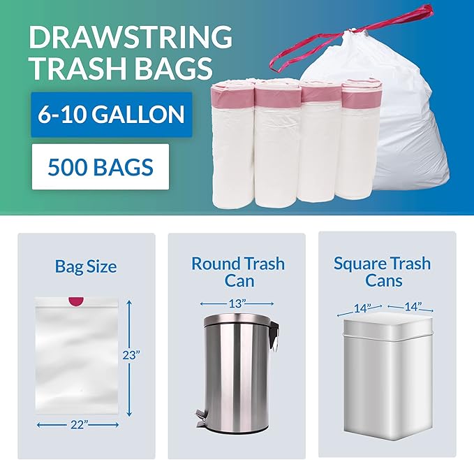 Reli. 6-10 Gallon Trash Bags Drawstring | 500 Count Bulk | 22x23 | 6 8 10 Gallon Drawstring Garbage Bags | White Trash Can Liners | Small - Medium