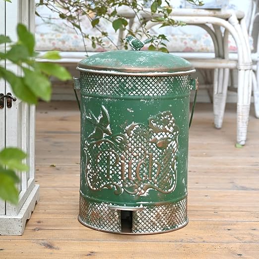 Farmhouse Garbage Can with Lid Indoor Outdoor Trash Can with Embossed Bird and Flowers PatternMetal Retro Kitchen Trash Can with Lid for Kitchen Room and Garden Decor (Green)