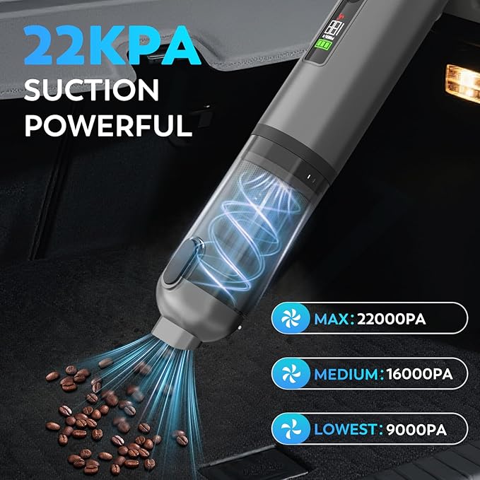 Cordless Car Vacuum Cleaner 22000Pa High Power Handheld Vacuum &amp Air Duster 4-in-1 Mini Portable Vacuum with LED Display 3 Modes USB-C Rechargeable for Car Home Pet Hair Camping