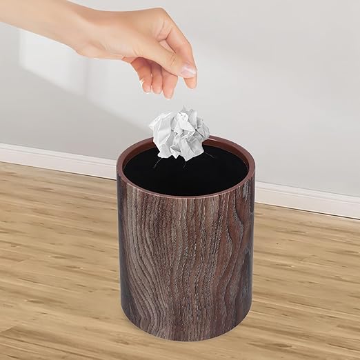 Round Trash Can Imitation Wood Grain 8L Bathroom Wastebasket Multi-Use Trash Bin for Home Kitchen Living Room Office