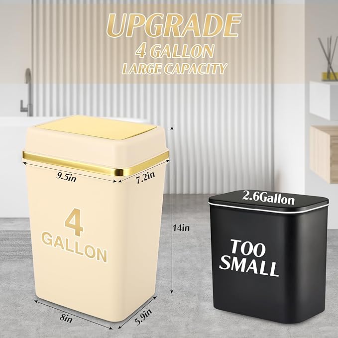 Bathroom Trash Can with Lid 4 Gallon Trash Can with Swing Lid Beige Small Garbage Can Bathroom Garbage Can with 300 Counts Trash Bags for Kitchen Bedroom Office
