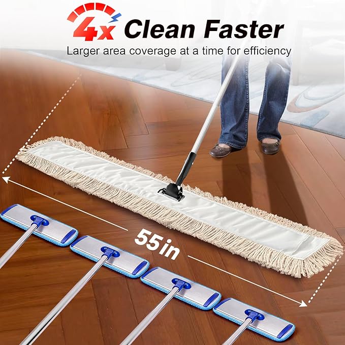 Commercial Dust Mop &amp Floor Sweeper55 Industrial Dry Mop with Heavy Duty Long Handle Premium Cotton Dust Mop Head for Hardwood Floors Industrial Commercial and Residential Cleaning