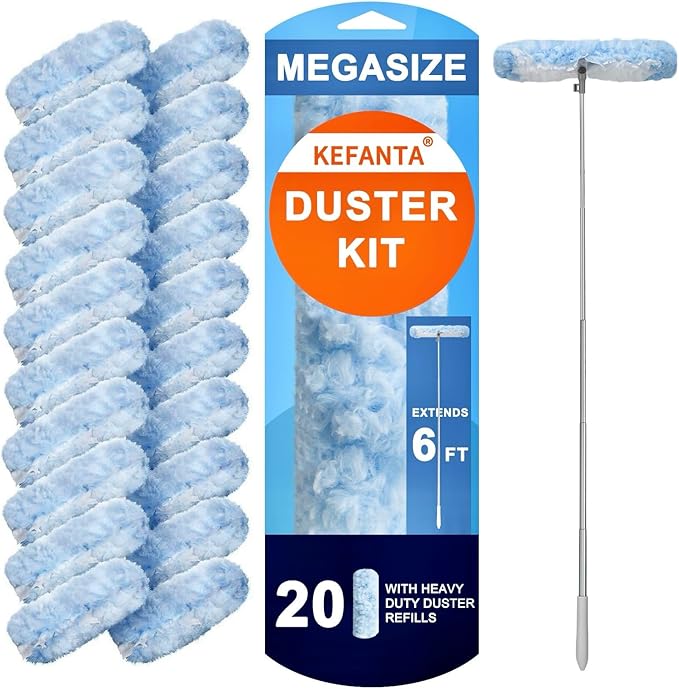 KeFanta Duster Refill Kit with 6 ft Super Extendable Handle Compatible with Swiffer 360° Disposable Microfiber Dusting Pads for Home Cleaning Ceiling Fan Window Hard-to-Reach Areas 20Pcs