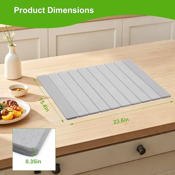 Stone Dish Drying Mat for Kitchen Counter - Large Foldable Collapsible Quick Drying Dish Mats Ultra Absorbent Diatomaceous Earth Mats for Kitchen Dishes Bottles Cups Bathroom -Light Gray