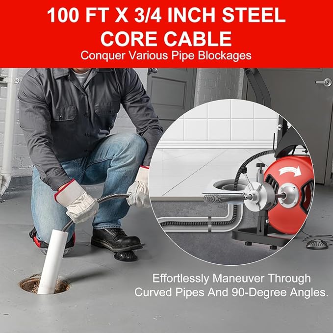 75Ft Drain Cleaning Machine 450w Portable Drain Auger with Wheels 1/2 Auto-Feed Drain Snake with 4 Cutters Electric Sewer Auger for Sink Toilet Floor Drain