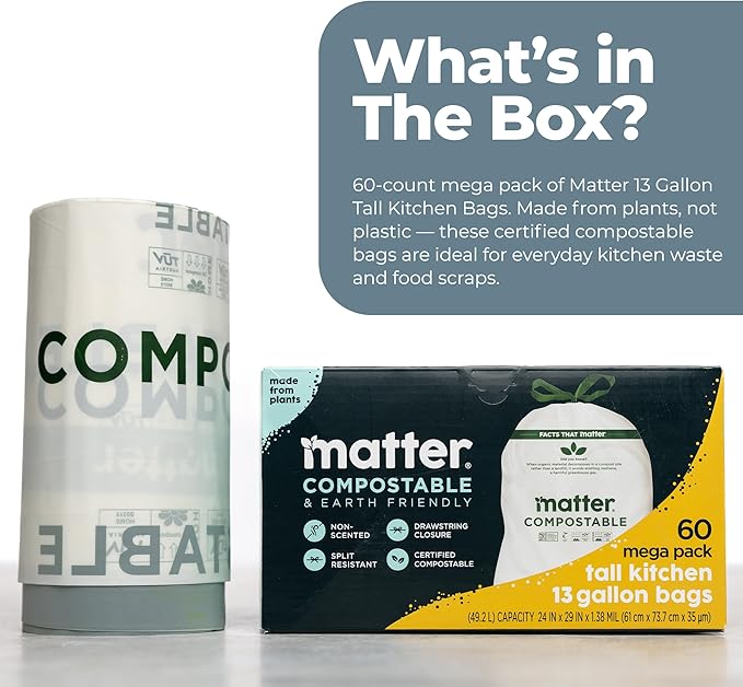 Matter Compostable 13 Gallon Tall Kitchen Trash Bags with Drawstring Eco-Friendly Unscented Durable Leak-Resistant 60 Count