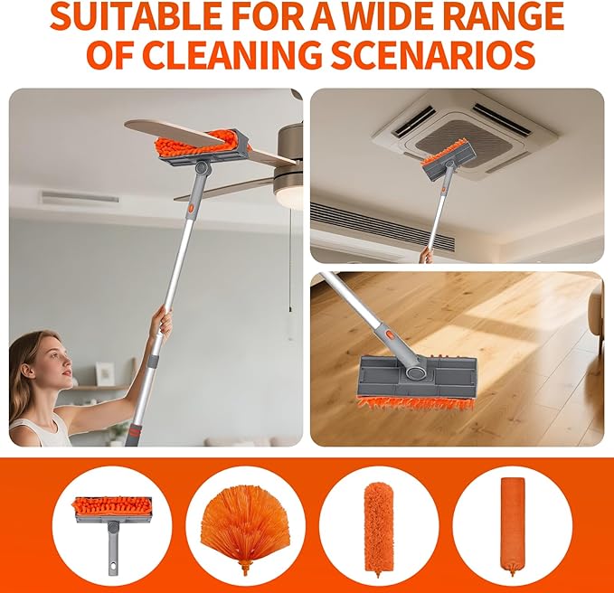 Ceiling Fan Cleaner Duster with 72‘’ Extendable Long Handle Cleaning Duster Kit Reusable Chenille &amp Microfiber Mop Head for High Ceiling Fan Blade Wall Blinds Cobweb