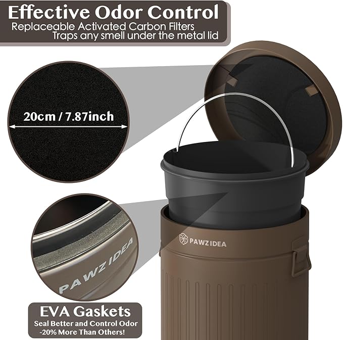 PAWZIDEA Dog Poop Trash Can Outside Odor Control 3.1Gallon Pet Waste Trash Can Outdoor Waterproof Dog Poop Container Bin Outdoor Garbage Can with Lid 7.8in Activated Carbon Filter Pet Waste Station