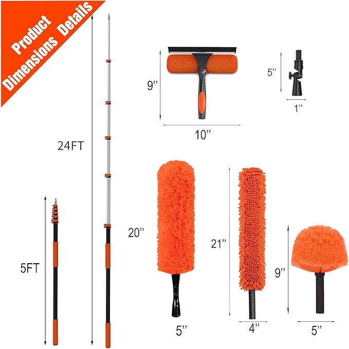 30FT High Ceiling Duster Kits with 5-24FT Telescoping Extension Pole - Fan Blade Cleaner Cobweb Remover &amp Window Cleaning Kit Washable Dust Brush for High Roof and Glass Surfaces