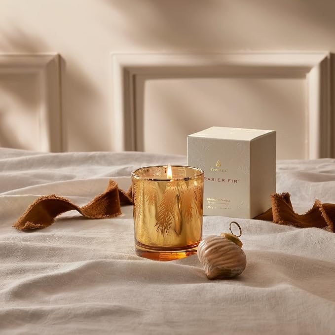 Thymes Frasier Fir Candle – Pine Needle Design – Holiday Scented Candle – Notes of Crisp Siberian Fir Cedarwood &amp Sandalwood – Luxury Home Fragrance Gifts for Women &amp Men – Gold (Gilded 6.5