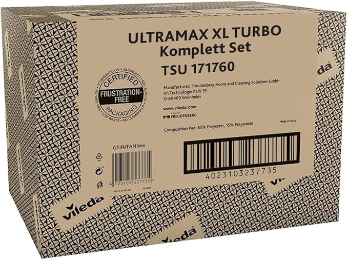 Vileda Ultramax Turbo XL Set XL Floor Mop with Telescopic Handle for Large Surfaces Microfibre Mop Cover Bucket with Spinner for All Hard Floors Love It Clean Eco Packaging