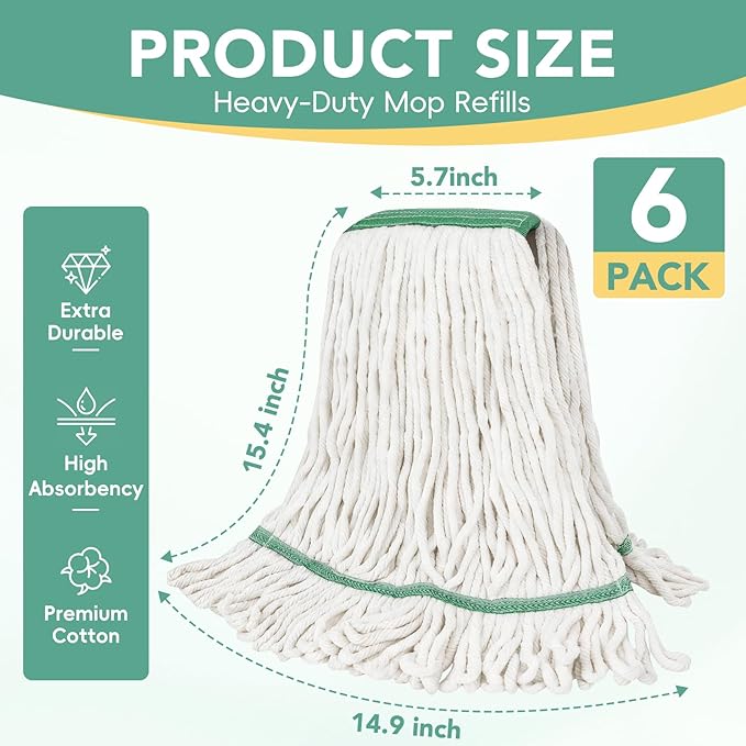 6 Pack Commercial Mop Head Replacement – Heavy Duty Mop Head for General and Floor Cleaning | Industrial Wet Mops | Washable Refill Reusable Looped End Mopheads | Hardwood Concrete（White）