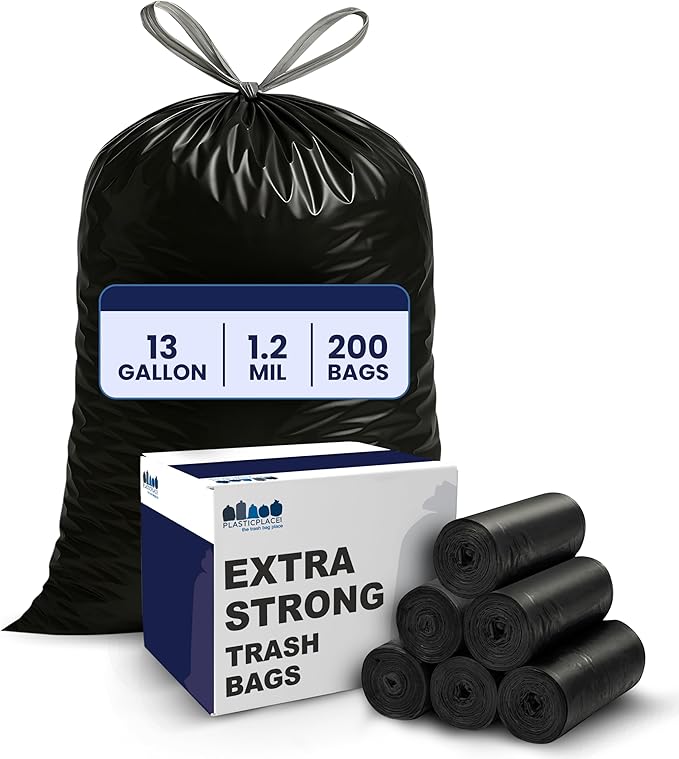 Plasticplace 13 gallon Extra Tall Drawstring Kitchen Trash Bags | Black 1.2 Mil 24W x 31H (200Count)