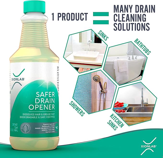 XionLab Safer Greener Drain Clog Remover – Industrial-Strength Liquid Drain Cleaner for Hair &amp Grease – Septic Safe Odorless Biodegradable for Bathroom Sink Bath Tub &amp Shower Drain – 32 o