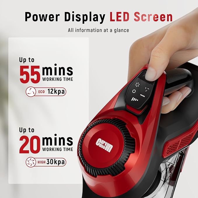 Cordless Vacuum Cleaner for Home Stick Vacuum 40Kpa Smart Display &amp 1.5L Dust Cup MAX 40mins Runtime Rechargeable Lightweight Handheld Vavuum for Pet Hair/Carpet/Hardwood Floor/Car (Crimson)