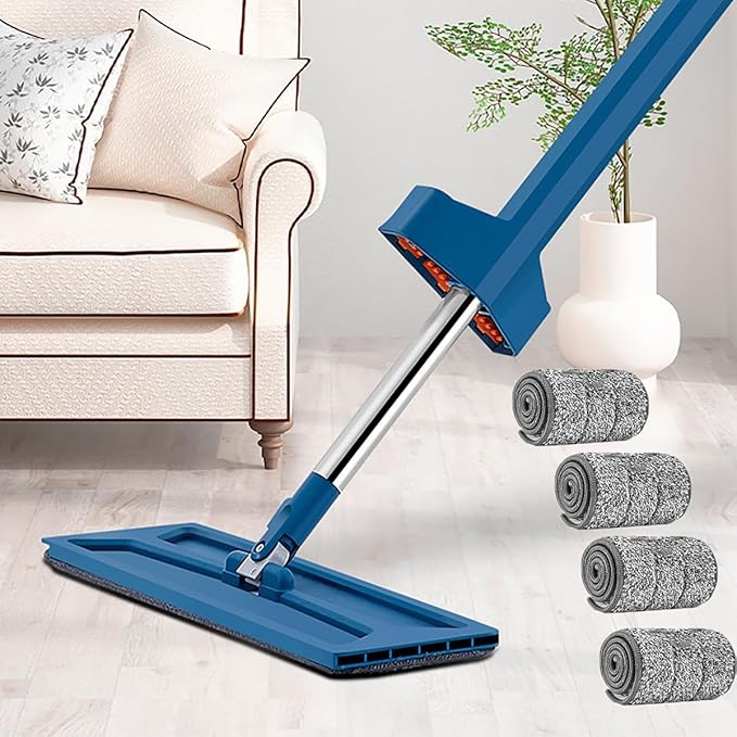 Large Flat Mop 360° Rotatable Cleaning Mop Self Wringing Flat Mops Microfiber Flat Mop with Stainless Steel Handle Tile Hardwood Floors Windows Quick Clean(4pcs)