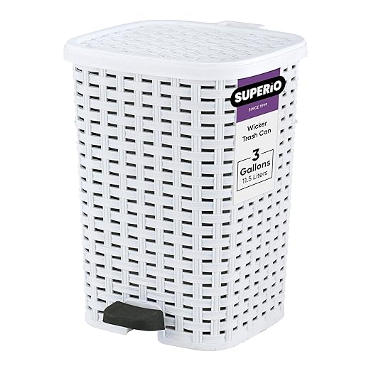 Superio Small Outdoor Trash Can with Lid for Dog Poop 3 Gallon/12 L Mini Plastic Garbage Can with Foot Pedal for Bathroom Bedroom Office Patio Wicker White