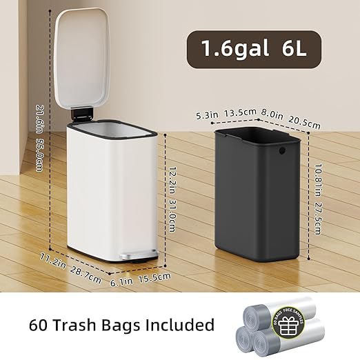Small Bathroom Trash Can with Lid Soft Close Step Pedal 6L / 1.6 Gal Stainless Steel Garbage Bin with Removable Inner Bucket Slim Wastebasket for Narrow Spaces (White)