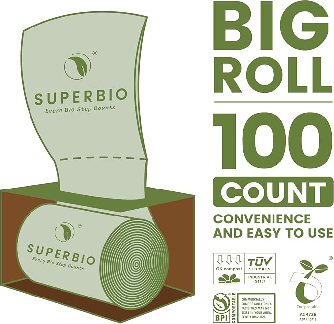 SUPERBIO 2.6 Gallon Flat Top Compostable Food Waste Bags 100 Count 2 Pack9.84L Food Scrap Bags BPI Certified and OK compost INDUSTRIAL