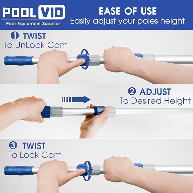 Poolvio 12 FT Telescopic Swimming Pool Pole - Adjustable 2 Piece Aluminum Pool Pole for Pool Cleaning Skimmer Nets Vacuum Heads &amp Brushes Strong Grip &amp Lock