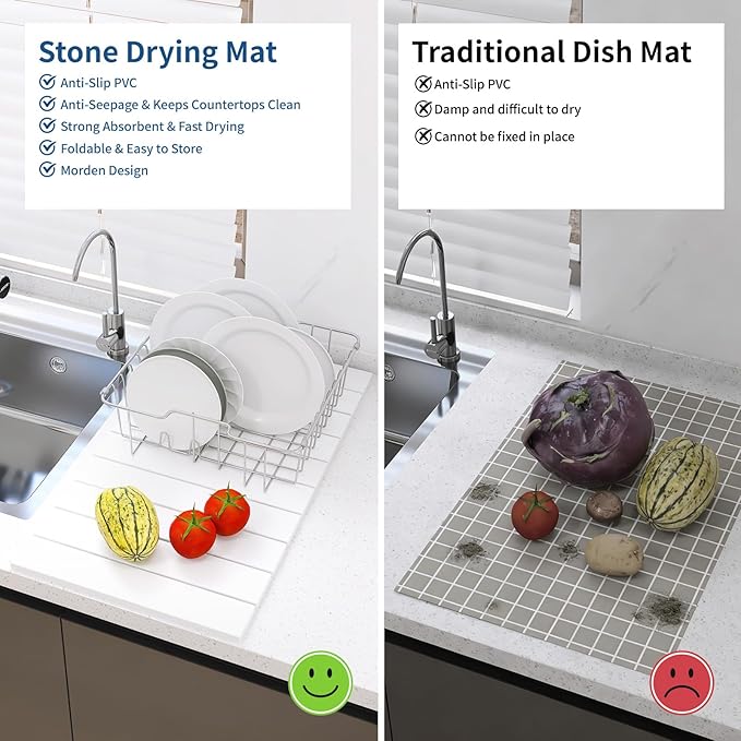 Hopegiver Stone Drying Mat for Kitchen Counter 24 x 16 Quick Dry Diatomaceous Earth Dish Drying Mat Super Absorbent Non-Slip &amp Foldable Modern White Countertop Mat (White24''x16'')