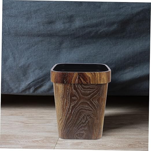 Square Plastic Wastebasket with Faux Wood Grain Finish Lidless Capacity Trash Bin for Home Office Easy to Clean Stylish Farmhouse Rubbish Can