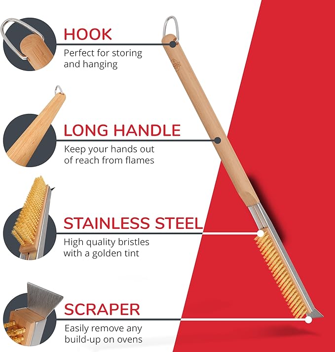 22” Pizza Oven Brush with Stone Scraper - Heat Resistant Stainless Steel Bristles Extra Long Handle - Universal Fit for Most Pizza Ovens