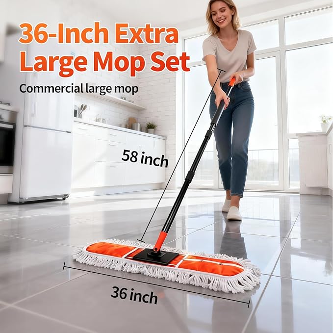 36 Large Commercial Dust Mops for Industrial Floor Marble LaminateTileConcreteGarage. Janitor Broom Wide Dry mop for Hardwood Heavy Duty Long Handle Hotel Gym Household Cleaning Supplies