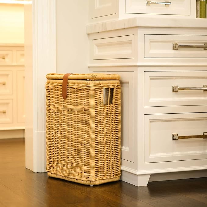 The Basket Lady Wicker Trash Basket with Metal Liner 16 in L x 10.5 in W x 24 in H 10 gallon capacity Sandstone