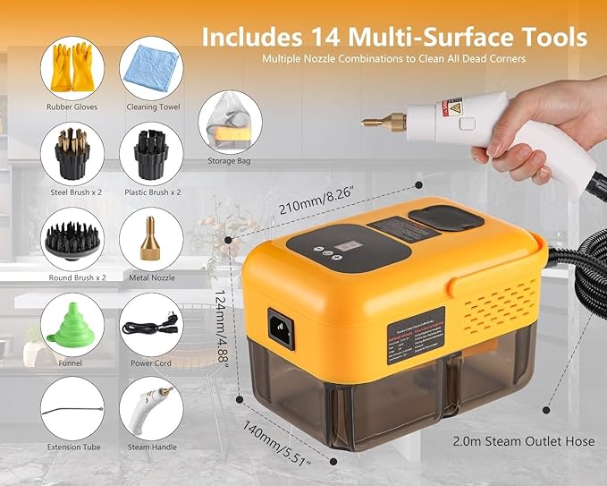 Steam Cleaner for Home Handheld 2500W High Pressure Steamer for Cleaning 9-Level Multipurpose Steam Cleaner for Car Detailing Floor Upholstery Kitchen Bathroom Grout Tile 14 Accessories