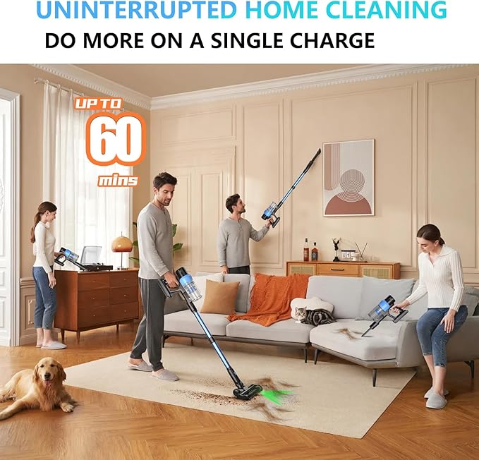 Cordless Vacuum Cleaner Max 580W 55kPa 60mins Powerful Lightweight Rechargeable Stick Vacuum With Anti Tangle Green Light Self-Standing Vacuum Cleaners For Home Hardwood Floor Pet Hair Carpet