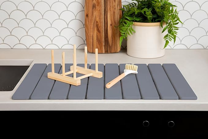HavenMat – Large Stone Dish Drying Mat (24”x16”) with Bamboo Rack &amp Brush | Quick-Dry Diatomite Counter Mat for Dishes Glassware Plants &amp Pets | Grey Kitchen Drying Stone (Grey)