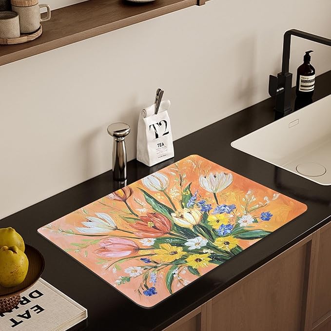 flower Sunflower Peach Drying Dish Mat Absorbent Diatomaceous Earth Mat Drying Mat for Dishes Rubber Backed Kitchen Drainer Mat Household Essentials