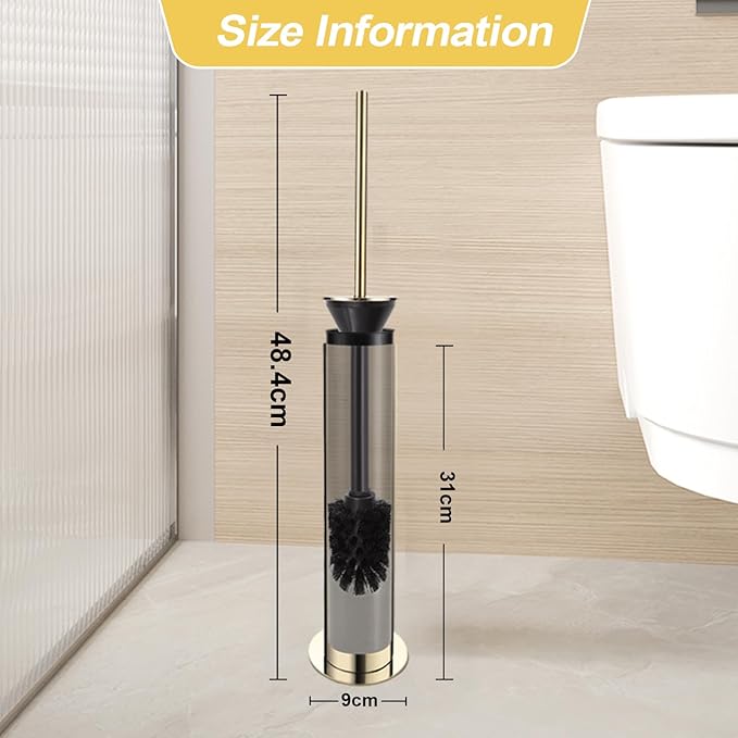 BGL Toilet Brush and Holder Set Heavy Duty 304 Stainless Steel Round Base and Long Handle for Bathroom Deep Cleaning Drip-Proof Space Saving for Storag Polished Gold