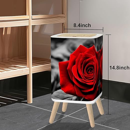 Small Trash Can with Lid Romantic Greeting red Rose Against Black White Roses 2.6 Gallon/10L Garbage Can Waste Bin with Pop-Up Lid Wood Legs Wastebasket for Bathroom Kitchen Bedroom