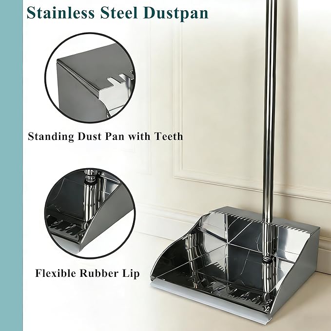Metal Dustpan and Heavy Duty Broom Set Stand Up Dustpan with Outdoor Stiff Bristles Broom for Hardwood Patio Room Office Floor Sweeping