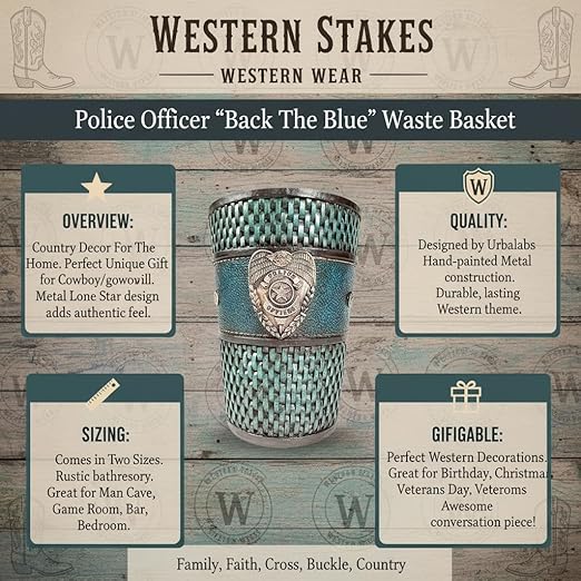 Urbalabs Police Officer Back The Blue Thatch Bathroom Trash Can Office Western Waste Basket Family Faith Cross Buckle Country Wastebasket Office Wire Garbage Can Cowboy Gun Decor Bathroom Decor