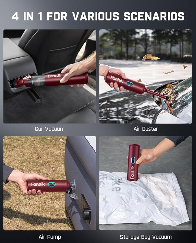 Fanttik Slim V8 APEX Car Vacuum 4-in-1 Portable Mini Cordless Vacuum with 19000pa Suction Power Type-C Charge 2 Suction Modes Handheld Vacuum for Small Jobs Car Office Desk Keyboards (Red)