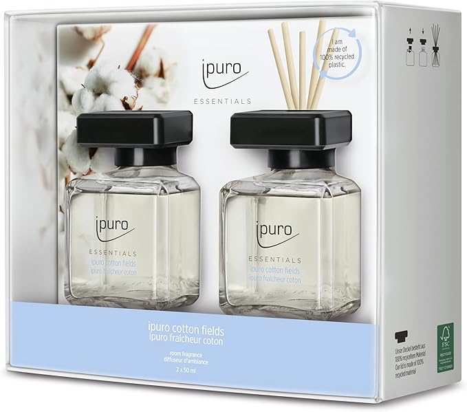 ipuro - Essentials Cotton Fields Room Fragrance 2 x 50 ml | Room Freshener with Star Anise Vanilla Flower &amp Geranium Rose Violet Cedar Wood Fragrance Aroma | Diffuser with Sticks | Air Freshen