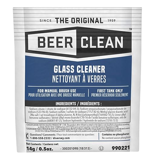 BEER CLEAN Diversey Bar Glass Cleaner 0.5 oz Packets (100-Pack) – Concentrated Powdered Compound for Hot/Cold Water Odorless Detergent No Residue Use for Manual Brush 3-Sink Systems 990221
