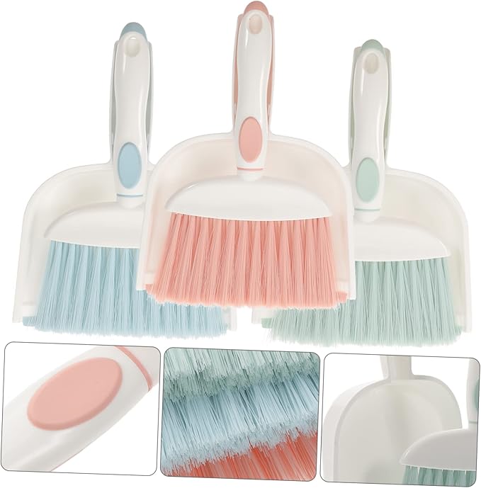minkissy 3sets Portable Mini Dustpan and Broom Set Compact Household Cleaning Accessory for Adults Durable Plastic Dustpan and Brush for Home and Office Use