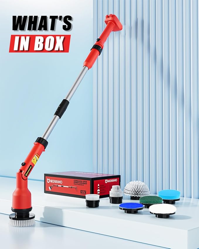 Electric Spin Scrubber Compatible for Milwaukee 18V Battery(Battery NOT Included) 1000 RPM Battery Powered Scrubber with Adjustable Extension Arm &amp 8 Brushes &amp Gloves for Tub/Tile/Floor