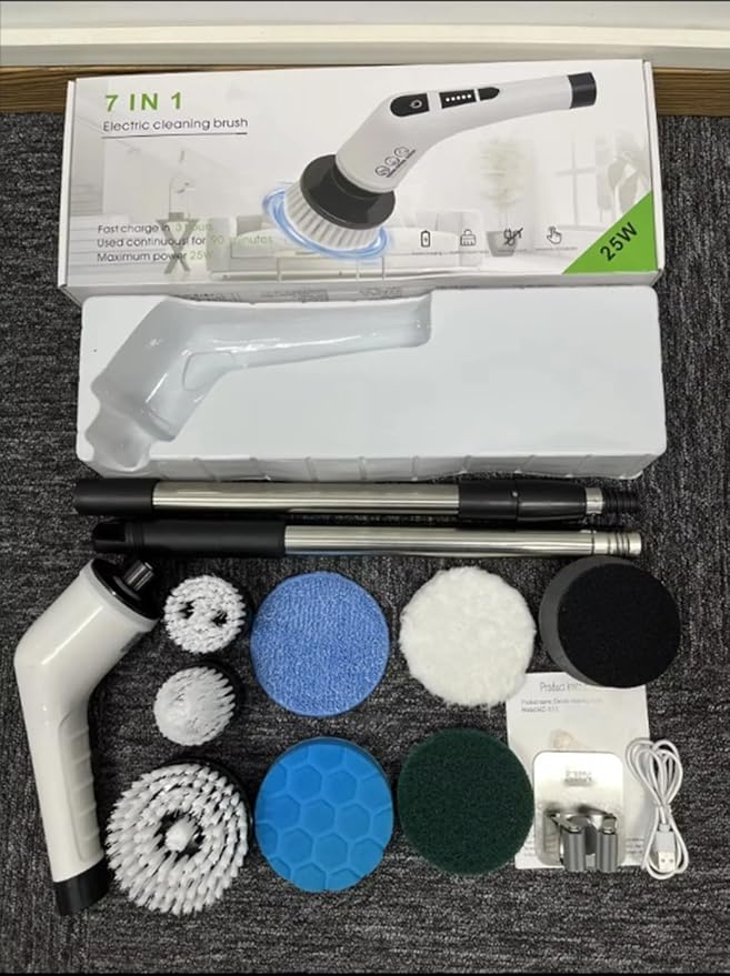 7-in-1 Electric Spin Scrubber with Long Extendable Handle Cordless Cleaning Brush Power Scrubber with 7 Replaceable Brush Heads for Floor TileBathroomShower BathtubGlassCar