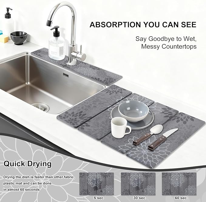 3 PCS Large Stone Dish Drying Mat for Kitchen Counter Quick Dry Stone Dishes Mats Cup Coasters Sink Faucet Mat Water Absorbing Diatomaceous Earth Drying Pad for Countertop Tableware Bottles