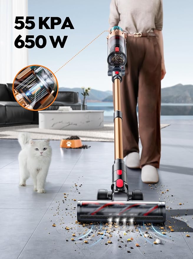Cordless Vacuum Cleaner 55KPA 650W 70Mins Stick Vacuum Cleaners for Home with Motorized Bed Brush Flexible Hose LED Touchscreen Auto Mode Self-Standing &amp Wall Mount for Pet Hair Carpet Floor