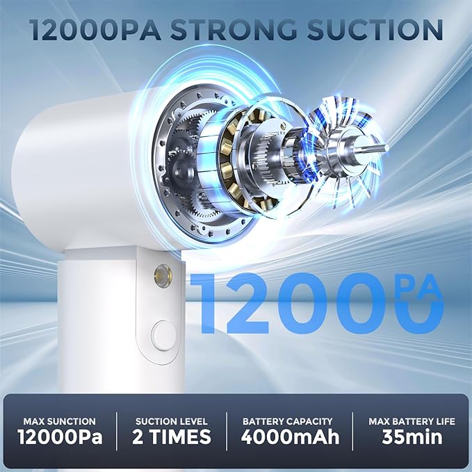 Car Vacuum Cordless: 12000Pa 2 in 1 Handheld Vacuum &amp Blower - Hand Vacuum Portable Cordless with Led Light Multi-Nozzles for Car Home Office Pet Hair White