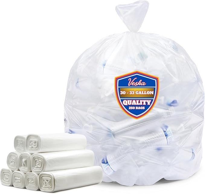 Veska 30-33 Gallon Clear Trash Bags Heavy Duty (Value Pack 250 Bags) Large Clear Plastic Recycling Garbage Bags. Large Trash Bags 30+ 32 Gallon
